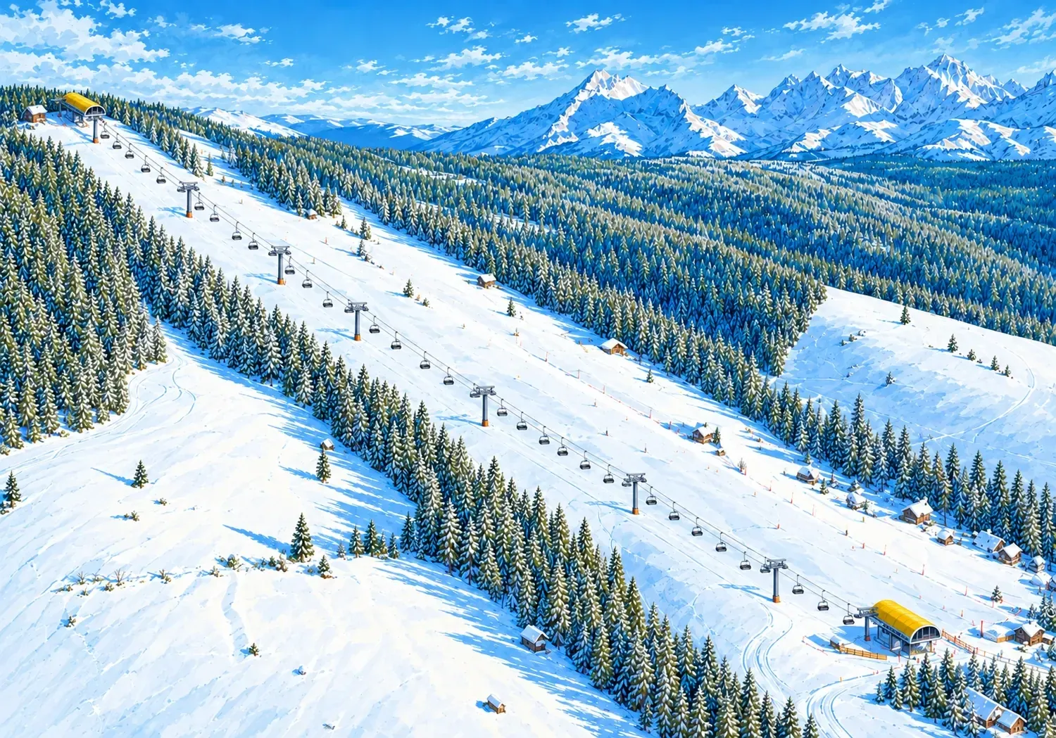 Ilustracja stoku w Małem Cichem z Tatrami w tle. Dom Małe Ciche 82 stoi tuż obok dolnej stacji kolei krzesełkowej z żółtym dachem