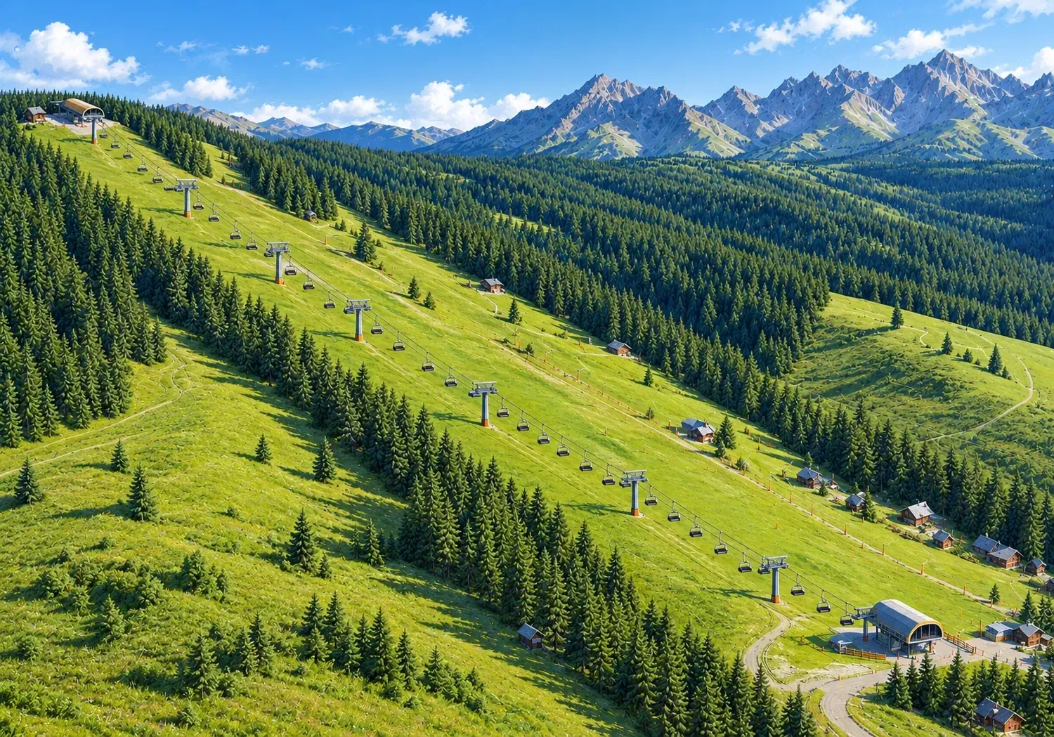 Ta sama okolica latem: zielone stoki, las i Tatry; dom stoi tuż przy dolnej stacji kolei
