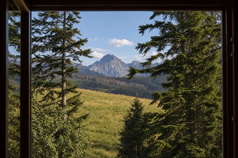 Widok z okna na polanę, świerki i Tatry latem