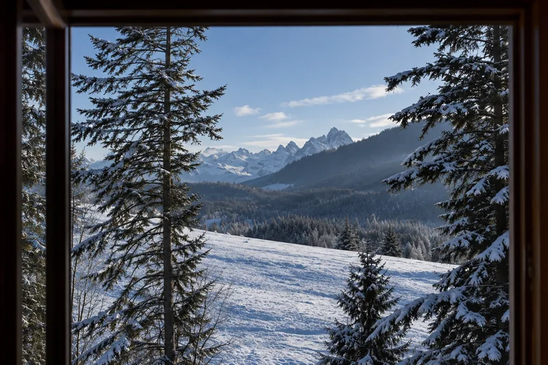 Zimowy widok z okna na ośnieżone świerki i Tatry